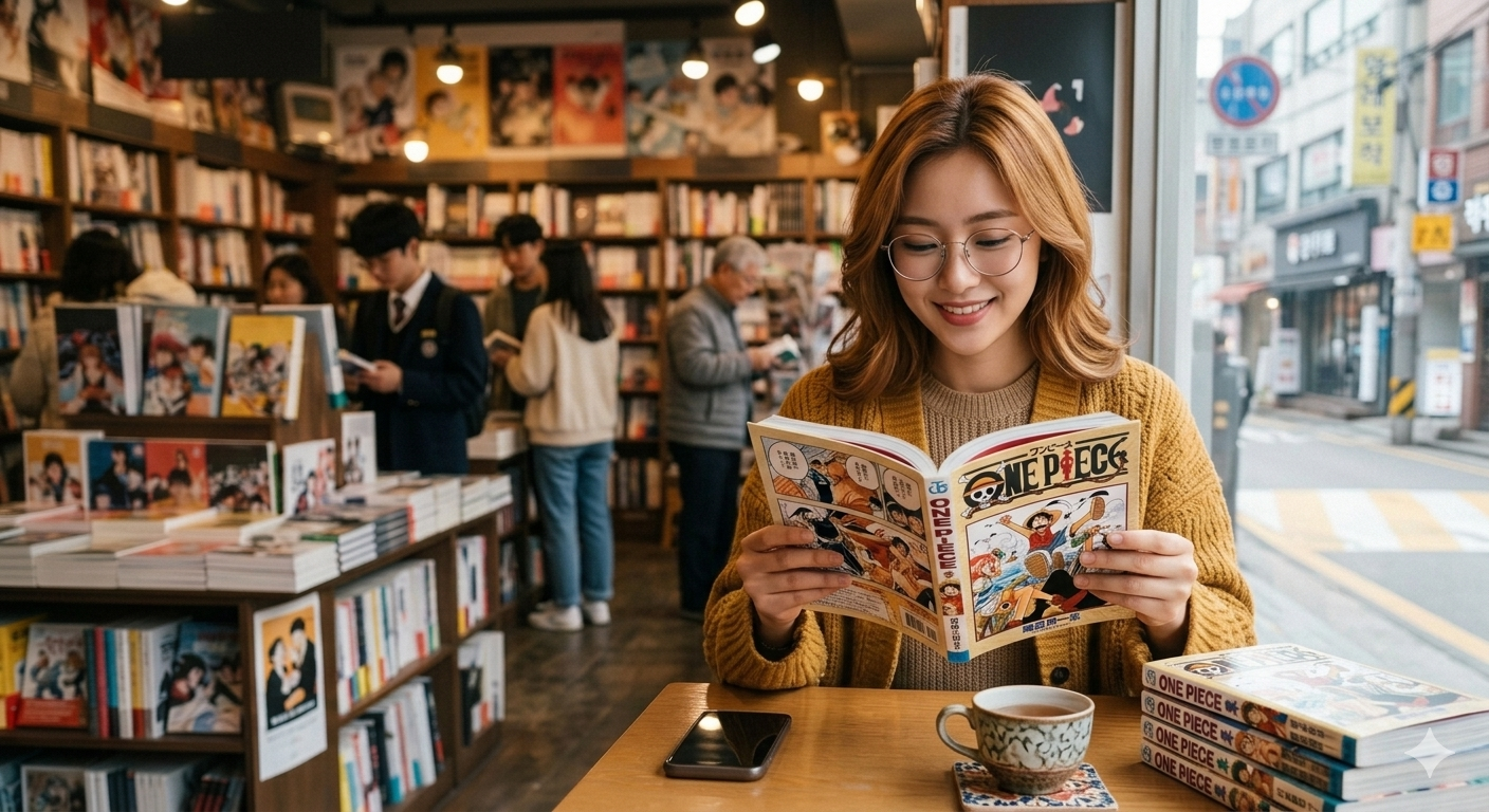 카페형 만화카페에서 원피스를 보고있는 대학생