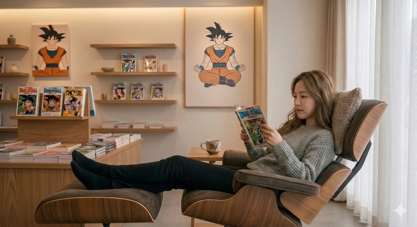 만화 카페에서 리클라이너에 기대어 드래곤볼을 보는 직장인