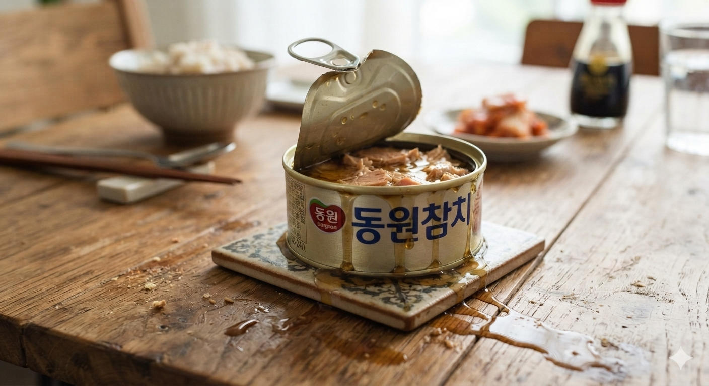 식탁위 참치캔 국물 흘러내림